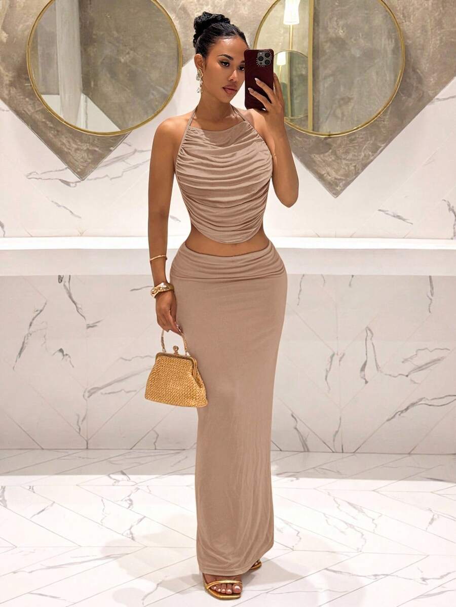 Ženski Set  - Halter Dekolte Ruffles Top & Maxi Suknja