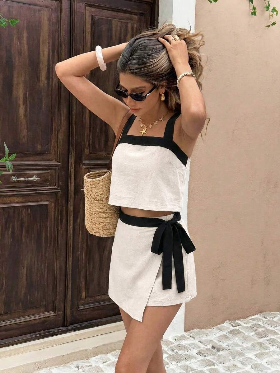 2kom/Set Ženska 100% Pamuk Crno-Bela Karo Letnja Casual Odevna Kombinacija