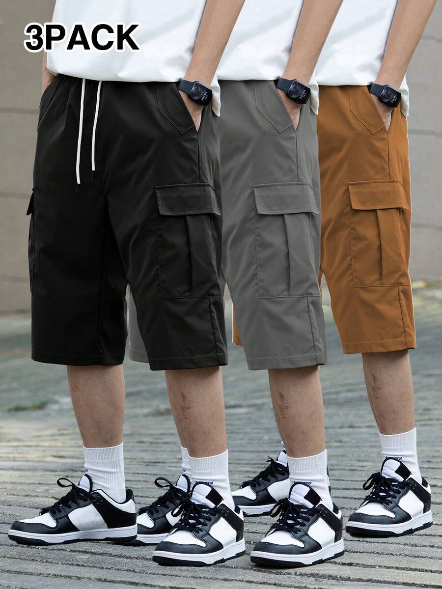 3 kom/set muške ležerne cargo pantalone jednobojne sa pertlom u struku