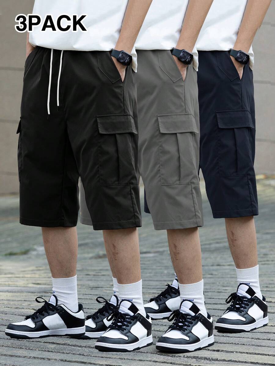 3 kom/set muške ležerne cargo pantalone jednobojne sa pertlom u struku