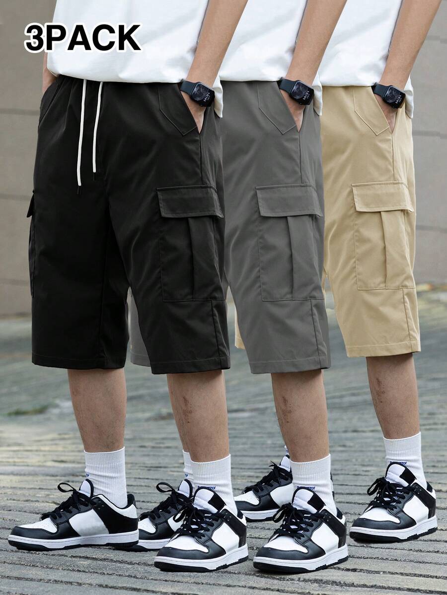 3 kom/set muške ležerne cargo pantalone jednobojne sa pertlom u struku