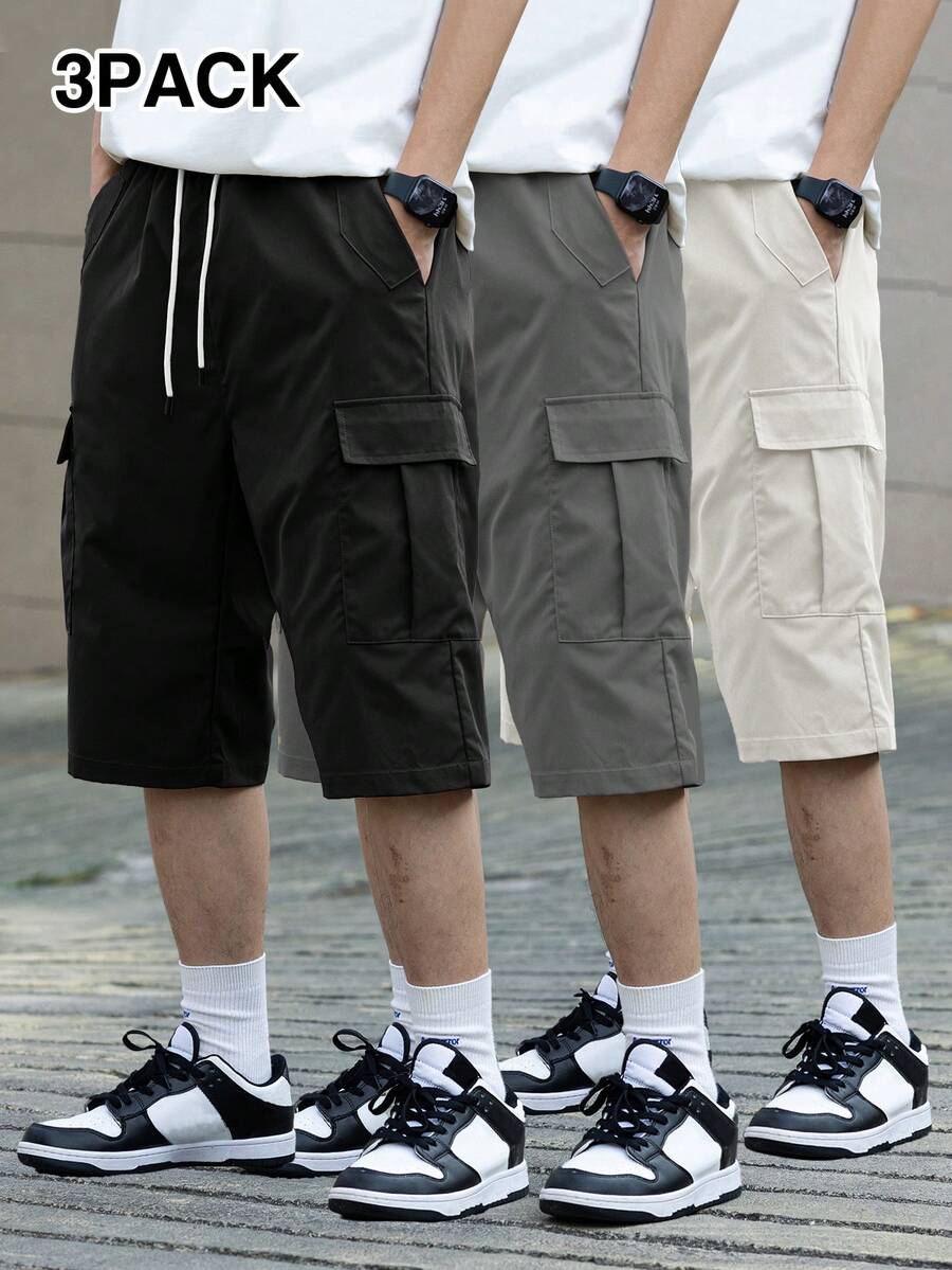 3 kom/set muške ležerne cargo pantalone jednobojne sa pertlom u struku