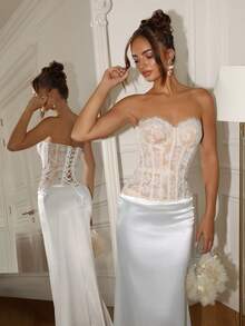 Glamine Charm Elegant White Sheer Lace-Up Sweetheart Crop Top For Women Sleeveless With Plant Pattern Details Women's Solid Color Minimalist Elegant Tube Top