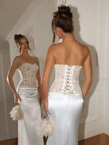 Glamine Charm Elegant White Sheer Lace-Up Sweetheart Crop Top For Women Sleeveless With Plant Pattern Details Women's Solid Color Minimalist Elegant Tube Top