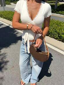 Women's Pure White Short Sleeve T-Shirt, Unique Design With Lace Trim V-Neck Cardigan Casual Summer