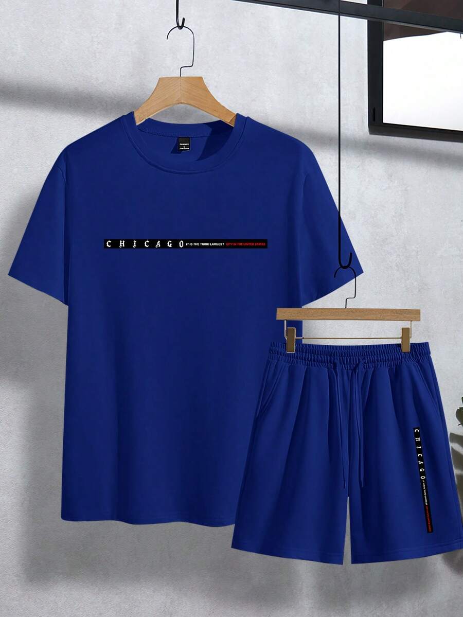 Muški streetwear komplet sa kratkim rukavima i šorts sa printom slova Chicago