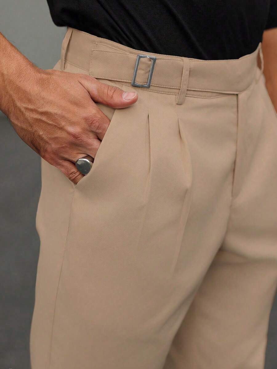 Muške svečane pantalone od odela jednobojne sa dizajnom kopče na struku, džepovima i suženim nogavicama