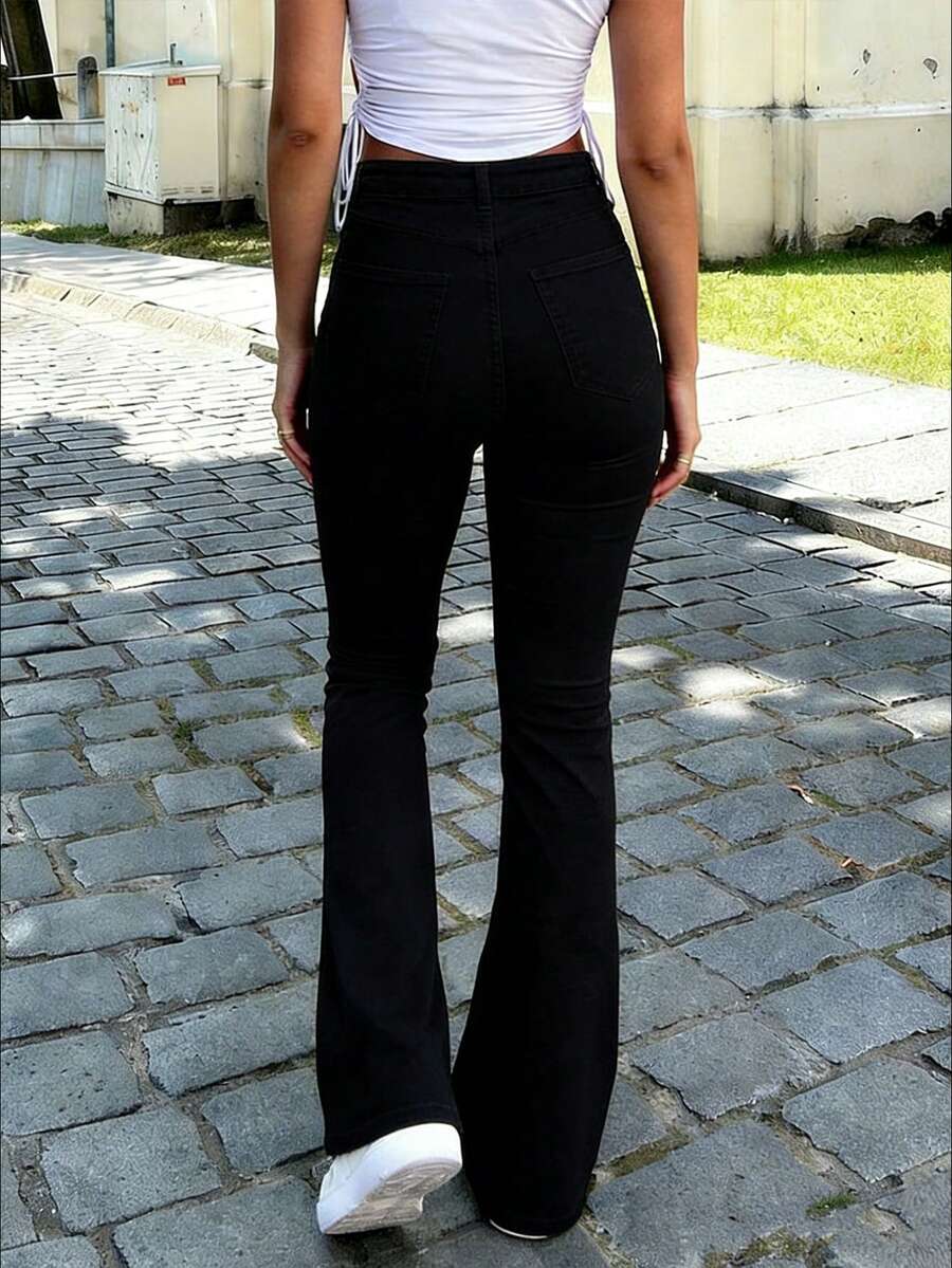 Ženske Svakodnevne Pantalone sa Rajsferšlusom i Dugmetom – Široke Nogavice, Prirodni Struk