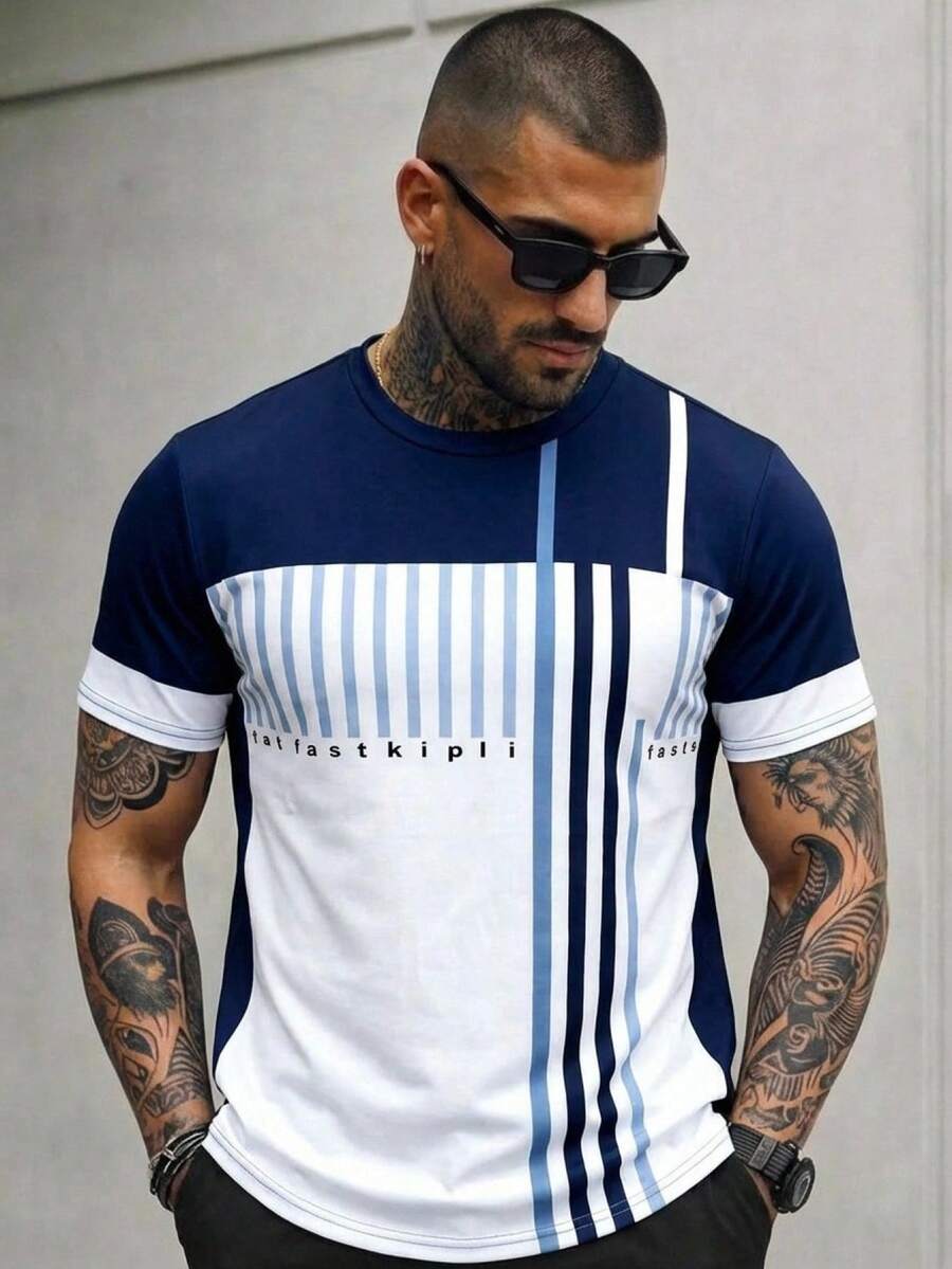 Muška ležerna letnja majica kratkih rukava sa okruglim izrezom i blok-bojama, streetwear stil