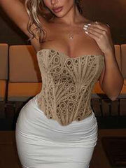 Yuwenier Elegant Mesh Hollow Semi-Transparent Waist Tie Back Boned Bustier Top