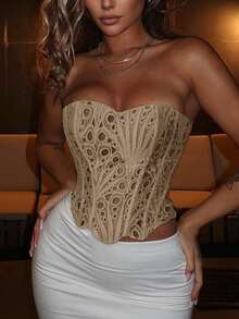 Yuwenier Elegant Mesh Hollow Semi-Transparent Waist Tie Back Boned Bustier Top
