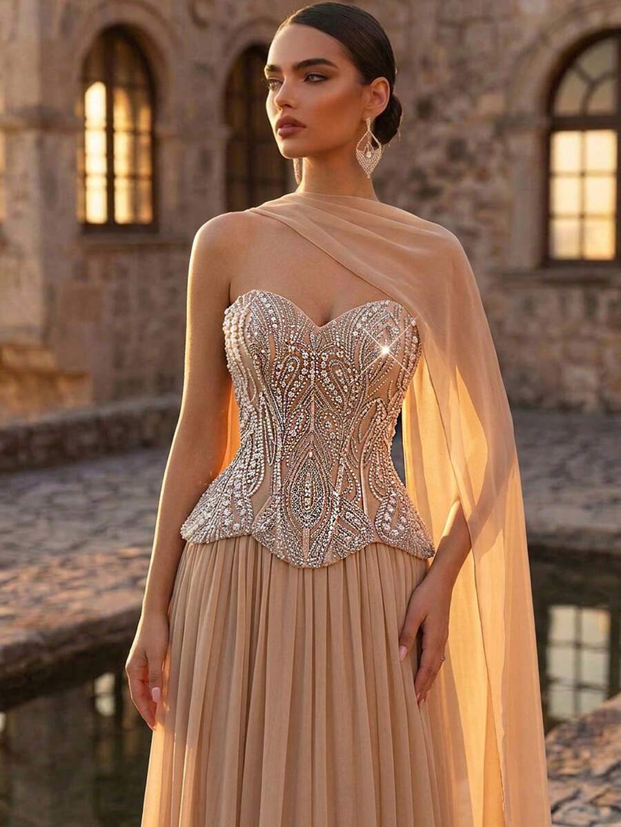 Elegantna luksuzna večernja haljina od satena, sa perlicama