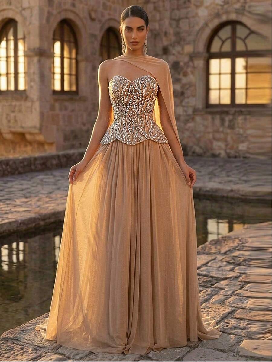 Elegantna luksuzna večernja haljina od satena, sa perlicama