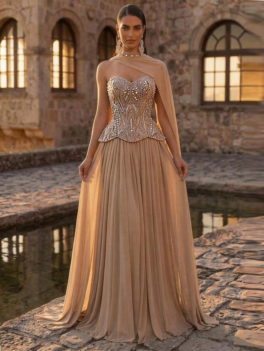 Elegantna luksuzna večernja haljina od satena, sa perlicama