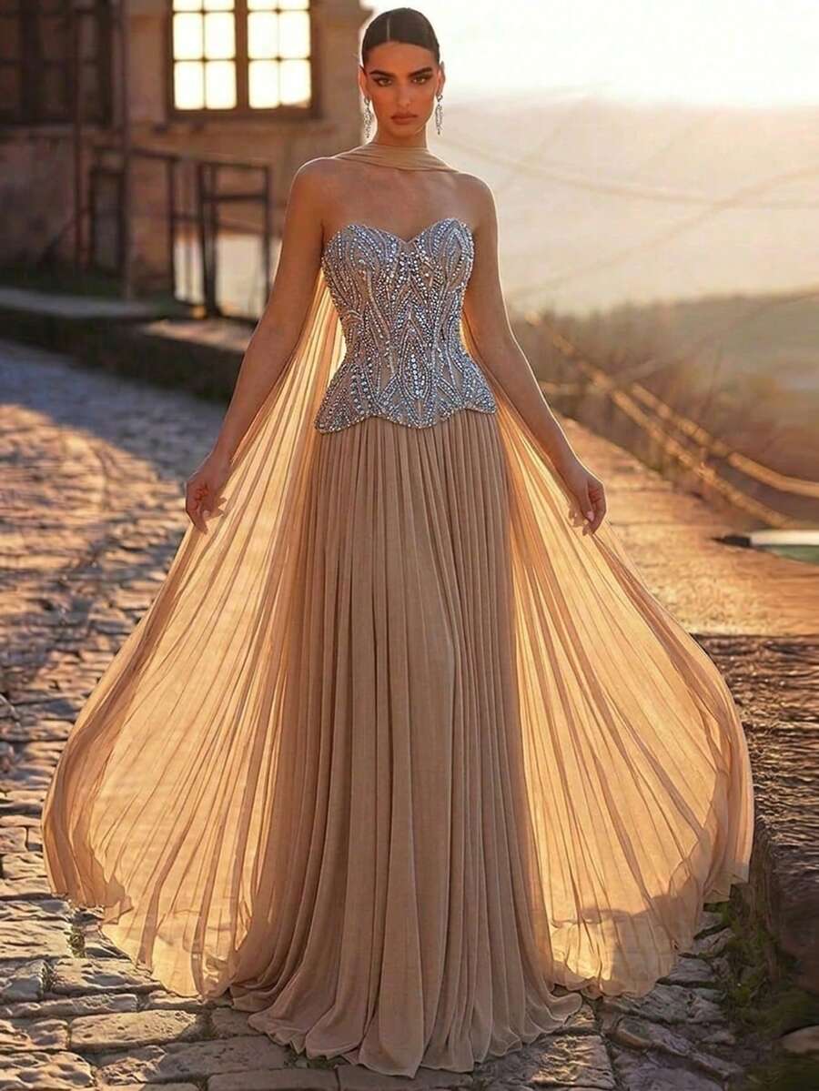 Elegantna luksuzna večernja haljina od satena, sa perlicama