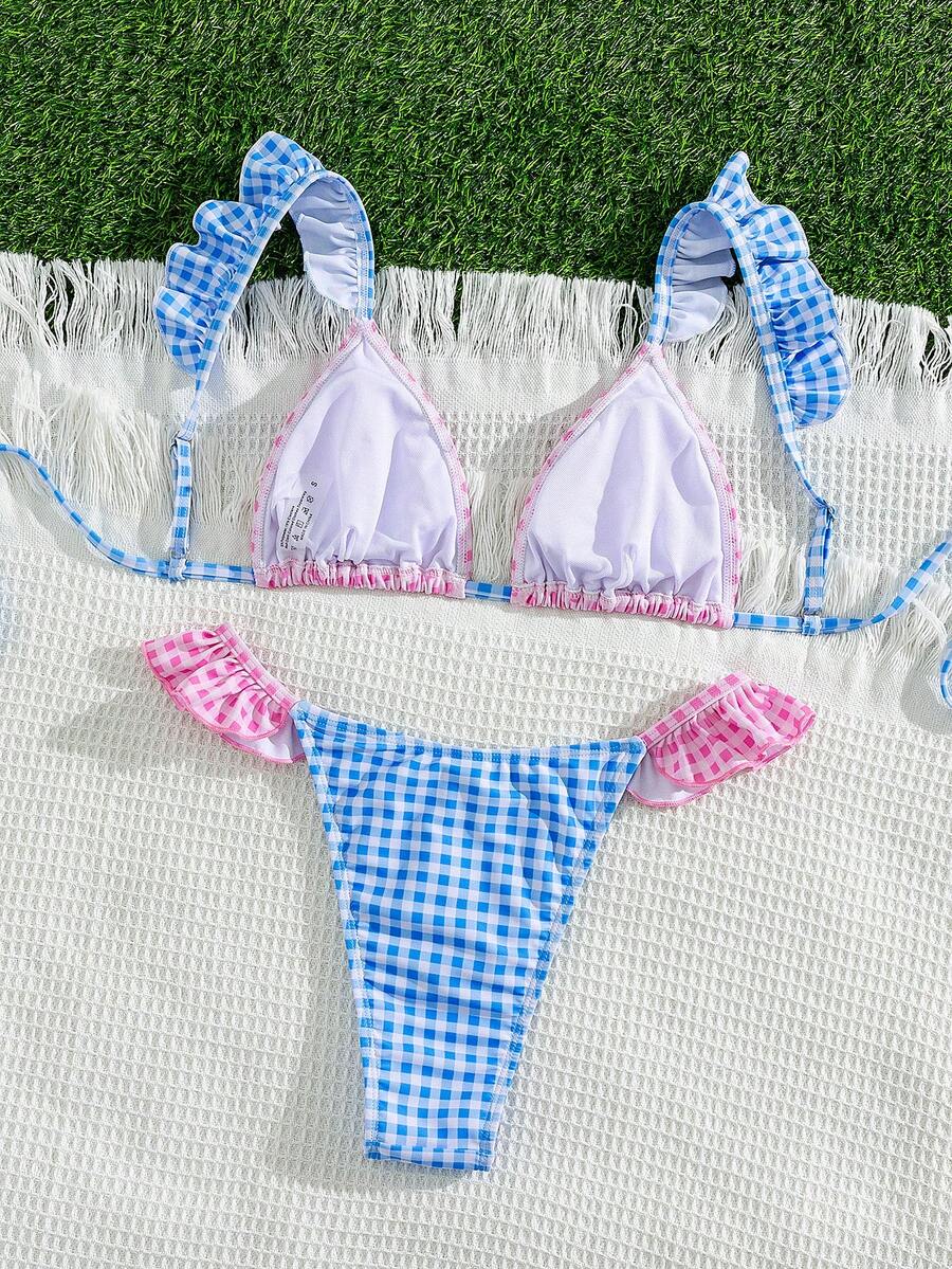 Ženski Seksi Roze i Žuti Karirani Bikini Set sa Volanima