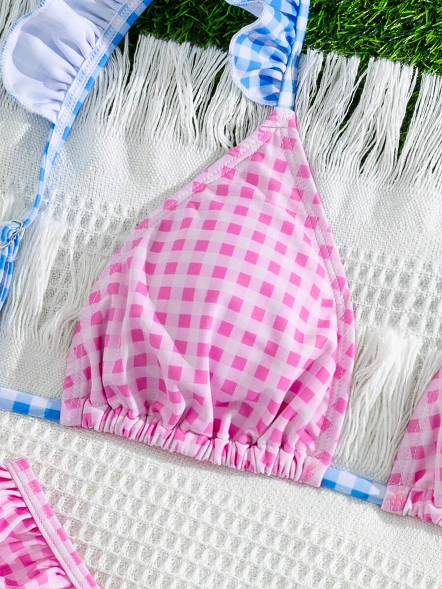 Ženski Seksi Roze i Žuti Karirani Bikini Set sa Volanima