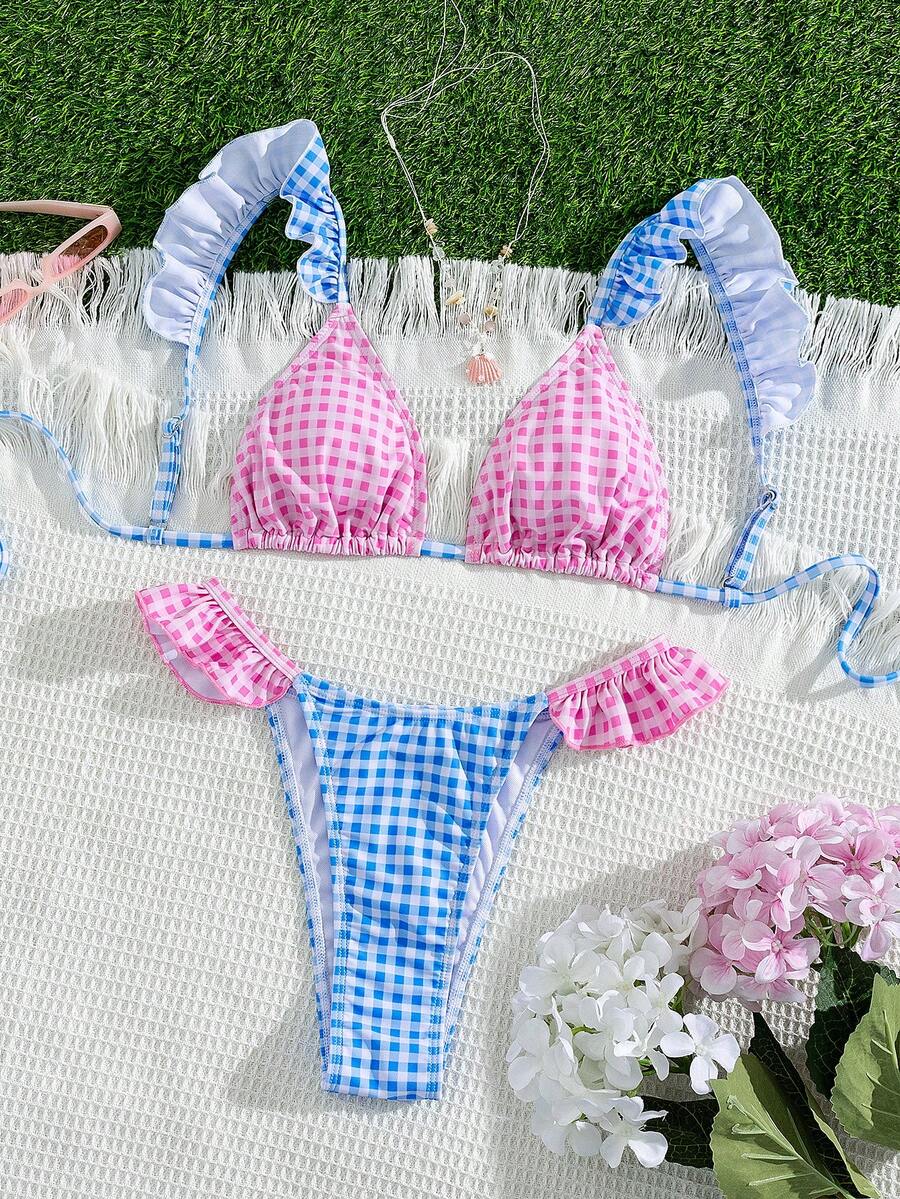 Ženski Seksi Roze i Žuti Karirani Bikini Set sa Volanima