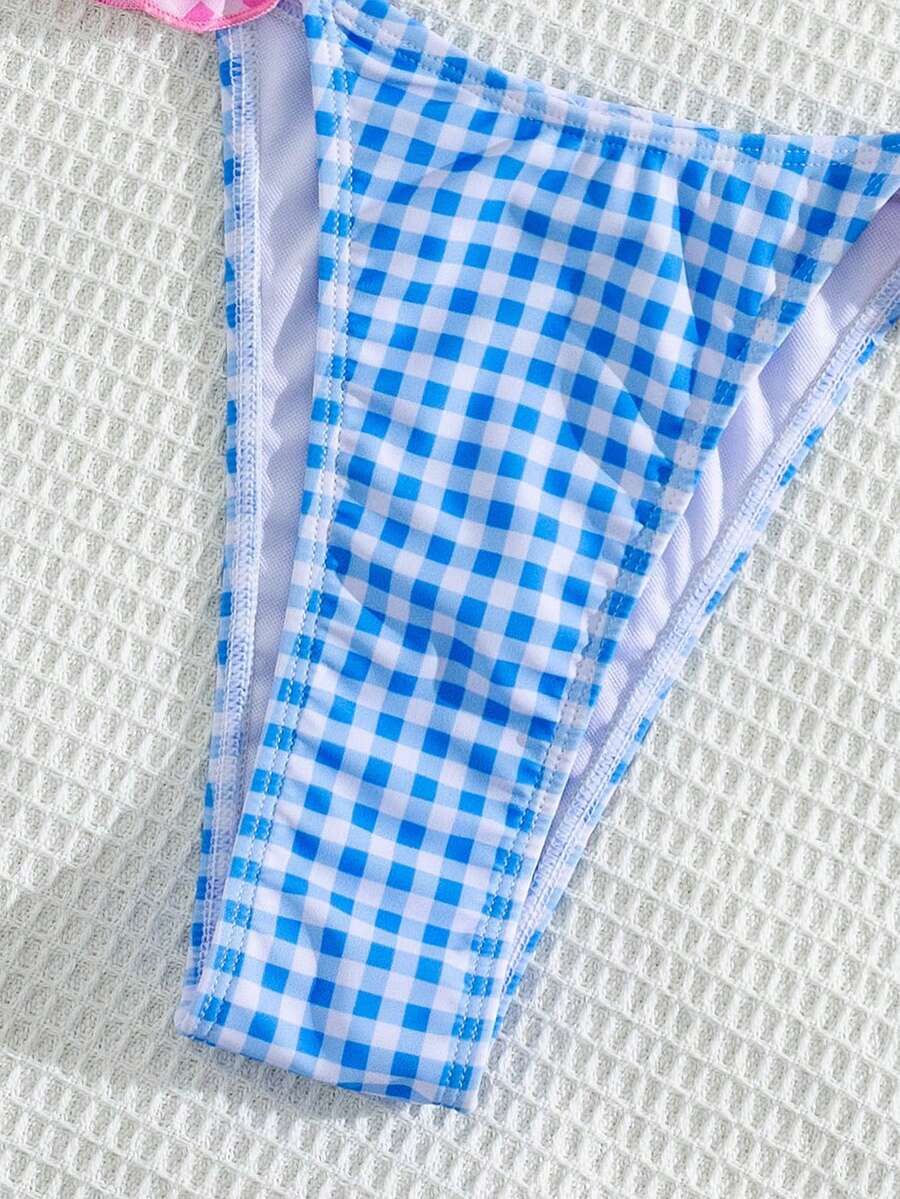 Ženski Seksi Roze i Žuti Karirani Bikini Set sa Volanima