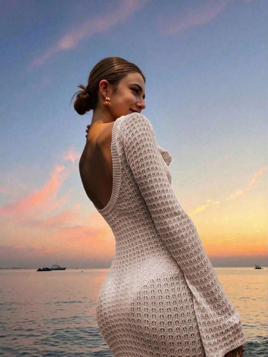 Ženska jednobojna duga pletena haljina, seksi bez leđa dizajn za odmor na plaži