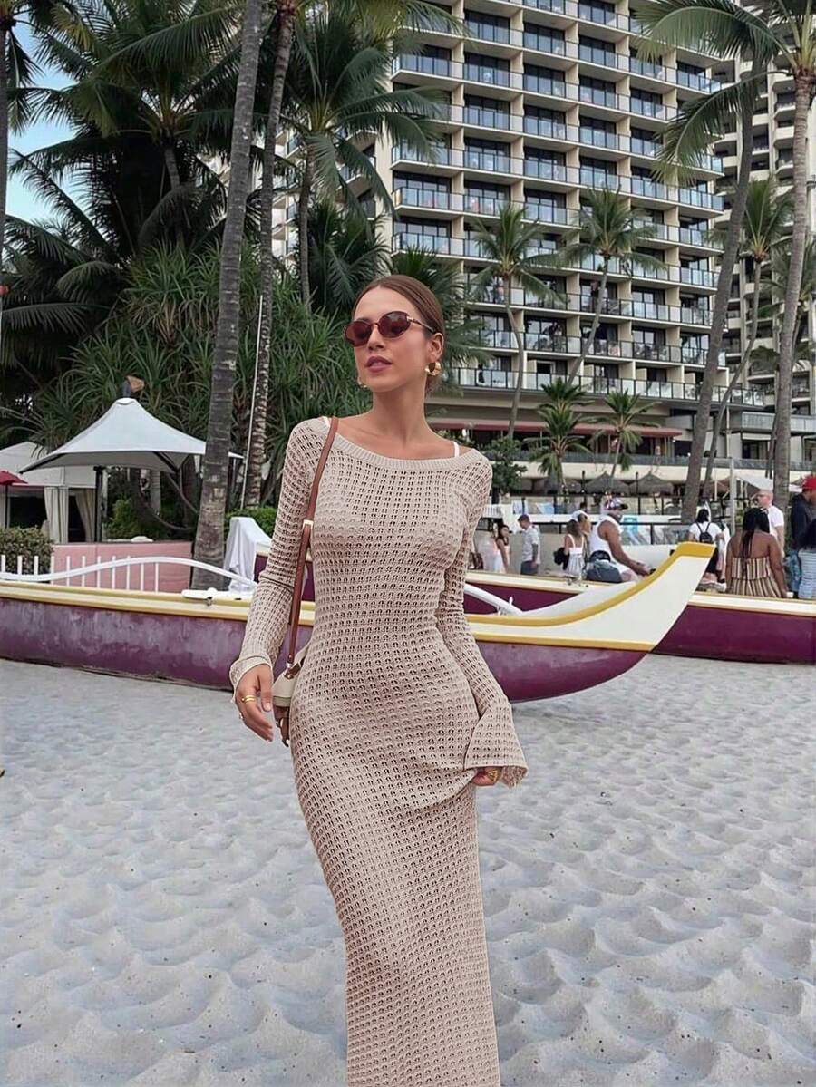 Ženska jednobojna duga pletena haljina, seksi bez leđa dizajn za odmor na plaži