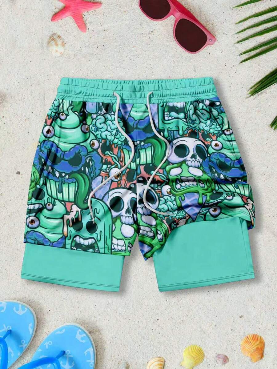 Muški šorts za plažu  sa grafičkim printom, perticom u struku i dvostrukim slojem