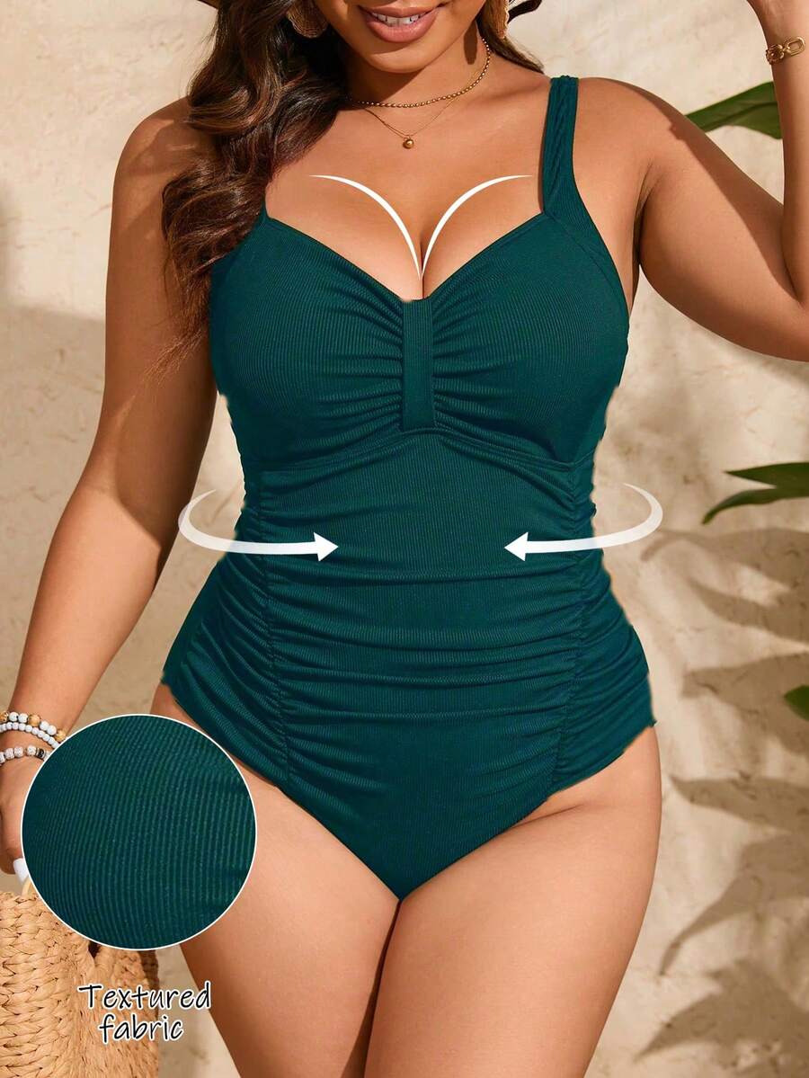 Jednobojni jednodelni kupaći kostim za žene plus size sa nabranim detaljima