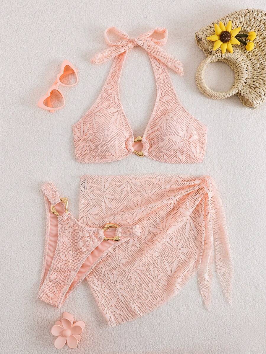 Ženski Krojeni Bikini 3u 1 Set Ukrašen Zlatnim Prstenovima