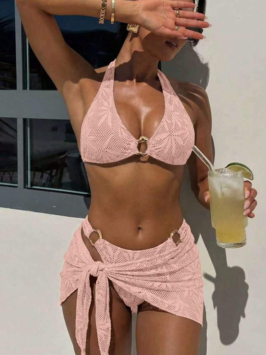 Ženski Krojeni Bikini 3u 1 Set Ukrašen Zlatnim Prstenovima