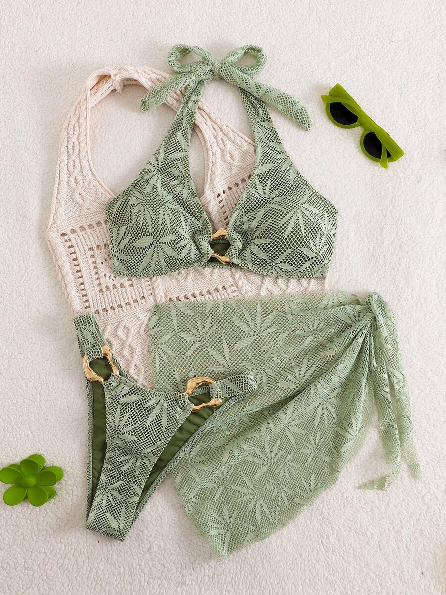 Ženski Krojeni Bikini 3u 1 Set Ukrašen Zlatnim Prstenovima