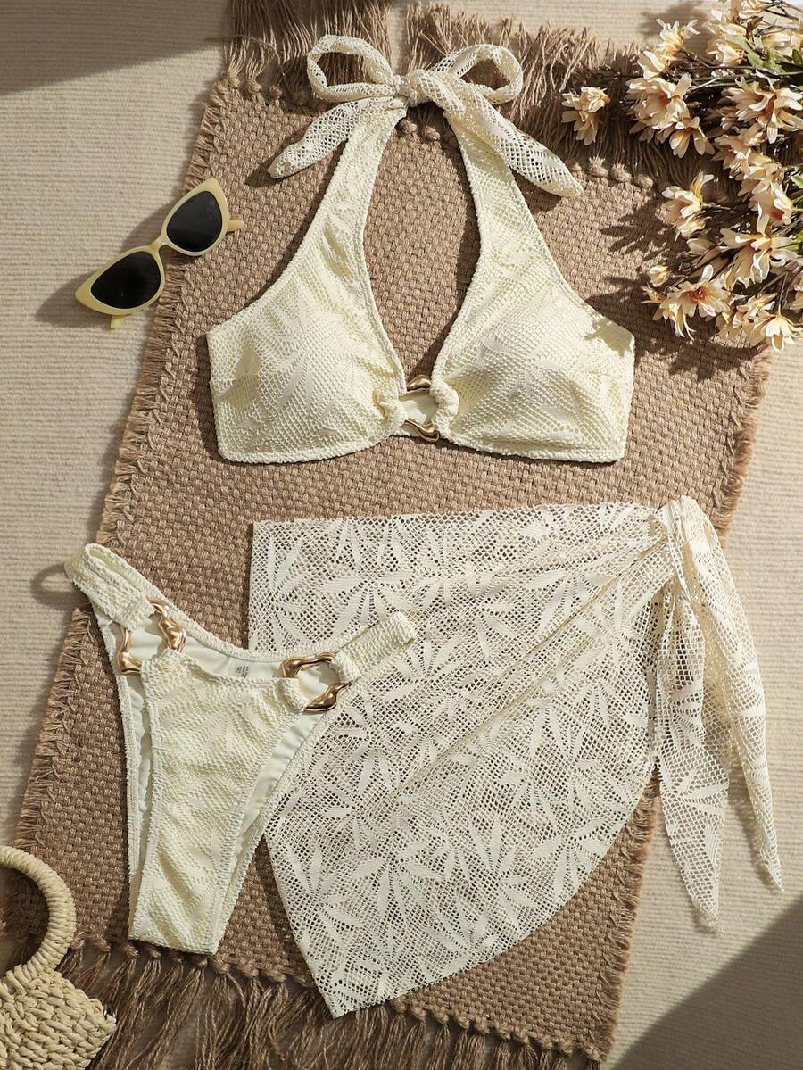 Ženski Krojeni Bikini 3u 1 Set Ukrašen Zlatnim Prstenovima