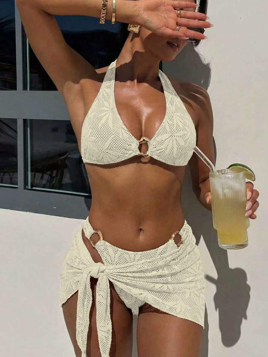 Ženski Krojeni Bikini 3u 1 Set Ukrašen Zlatnim Prstenovima
