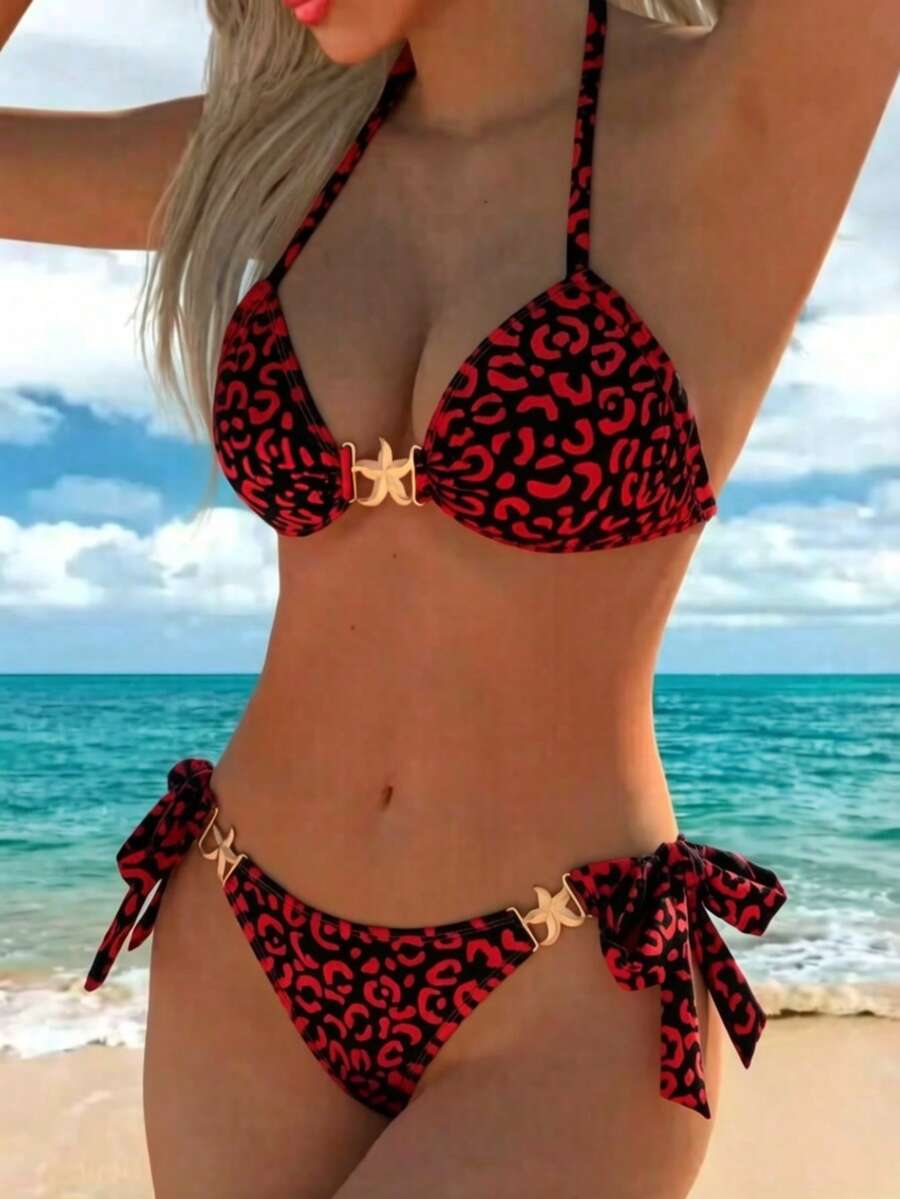 Ženski modni dvodelni bikini set, dekoracija zvezdica i leopard print, visoka elastičnost