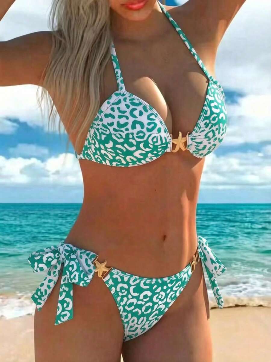 Ženski modni dvodelni bikini set, dekoracija zvezdica i leopard print, visoka elastičnost