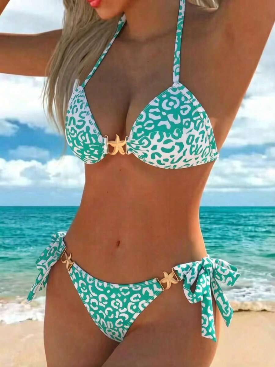 Ženski modni dvodelni bikini set, dekoracija zvezdica i leopard print, visoka elastičnost