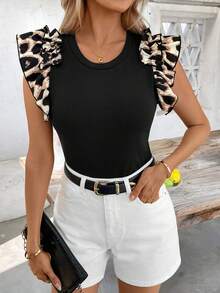 SHEIN Clasi Women's Summer Leopard Print Cap Sleeve T-Shirt