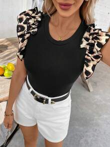 SHEIN Clasi Women's Summer Leopard Print Cap Sleeve T-Shirt