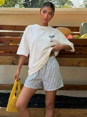 Muchica Women's Off-White Summer Casual Vacation Oversized T-Shirt,Margarita Cocktail Graphic Round Neck Short Sleeve Loose Fit Tee,Daily Party Y2K