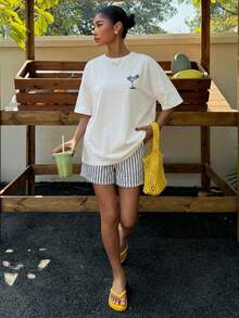 Muchica Women's Off-White Summer Casual Vacation Oversized T-Shirt,Margarita Cocktail Graphic Round Neck Short Sleeve Loose Fit Tee,Daily Party Y2K