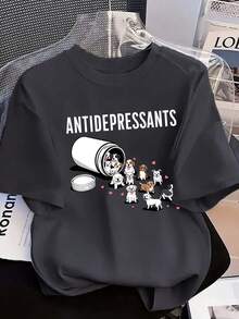 Cute Dog "Anti-Depressant" Printed Round Neck Short Sleeve T-Shirt