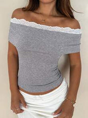 DAZY Women's Off-Shoulder Fitted Lace Patchwork T-Shirt Summer