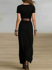 Solid Color Casual Waist Belt Beach Dress Black Elegant Summer