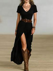Solid Color Casual Waist Belt Beach Dress Black Elegant Summer