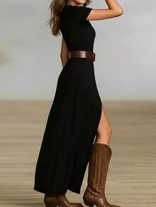 Solid Color Casual Waist Belt Beach Dress Black Elegant Summer