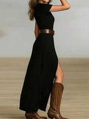 Solid Color Casual Waist Belt Beach Dress Black Elegant Summer