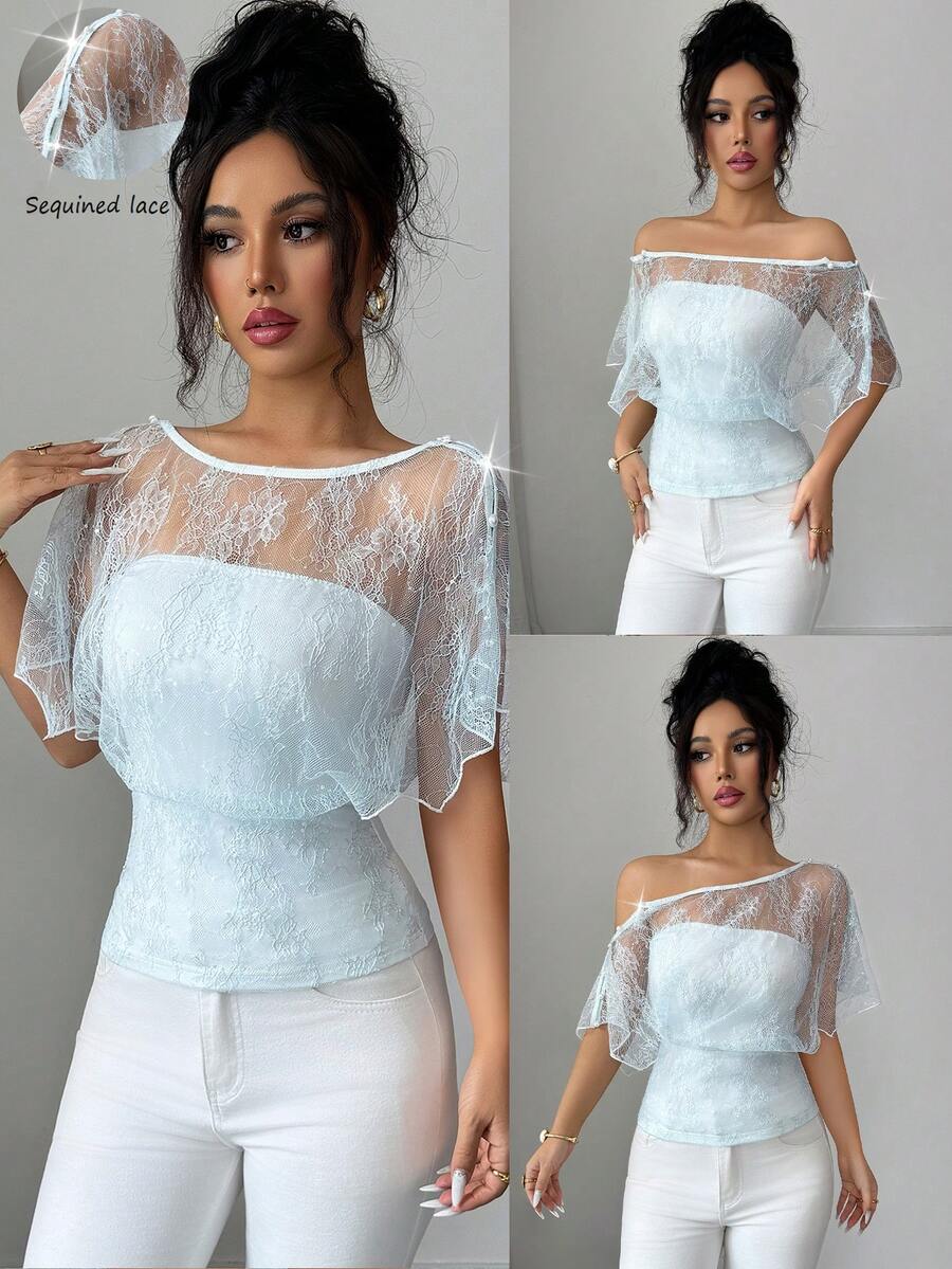 Selianne Women's Sexy Solid Color Elegant Lace T-Shirt, Convertible Design