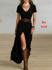 Solid Color Casual Waist Belt Beach Dress Black Elegant Summer
