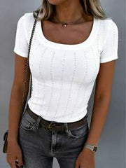 ChicMe Women's Square Neck Short Sleeve Fitted Knit Top, Casual Daily Wear For Summer White
