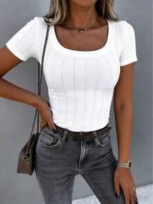 ChicMe Women's Square Neck Short Sleeve Fitted Knit Top, Casual Daily Wear For Summer White