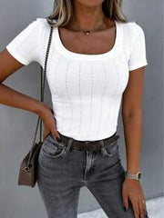 ChicMe Women's Square Neck Short Sleeve Fitted Knit Top, Casual Daily Wear For Summer White